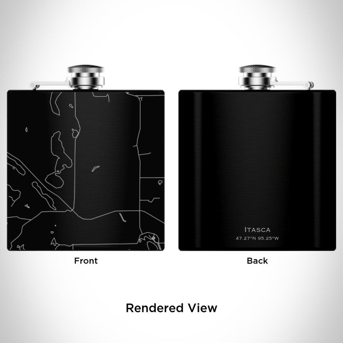 Rendered View of Itasca Minnesota Map Engraving on 6oz Stainless Steel Flask in Black