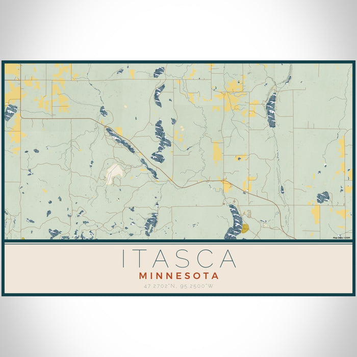 Itasca Minnesota Map Print Landscape Orientation in Woodblock Style With Shaded Background