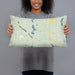 Person holding 20x12 Custom Itasca Minnesota Map Throw Pillow in Woodblock