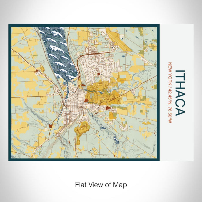 Rendered View of Ithaca New York Map on 20oz Stainless Steel Insulated Bottle with Bamboo Top with printed woodblock style map