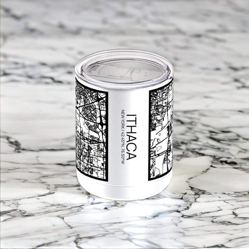 Ithaca New York Custom City Map Inscription Coordinates on 10oz Stainless Steel Insulated Cup in Matte White with Sliding Lid