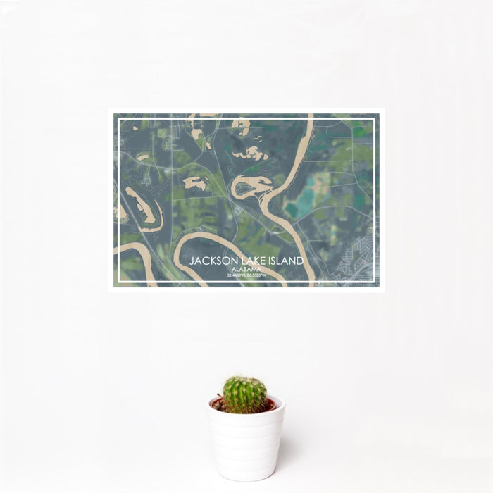 12x18 Jackson Lake Island Alabama Map Print Landscape Orientation in Afternoon Style With Small Cactus Plant in White Planter