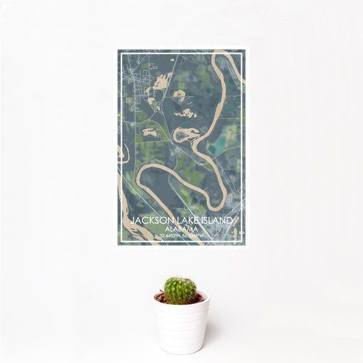 12x18 Jackson Lake Island Alabama Map Print Portrait Orientation in Afternoon Style With Small Cactus Plant in White Planter