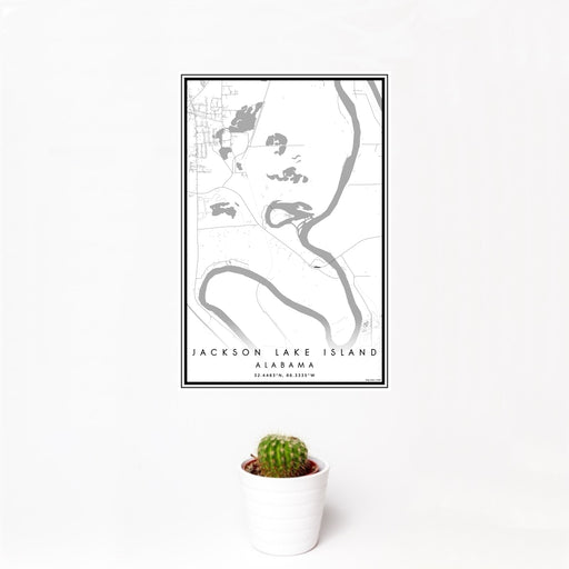 12x18 Jackson Lake Island Alabama Map Print Portrait Orientation in Classic Style With Small Cactus Plant in White Planter