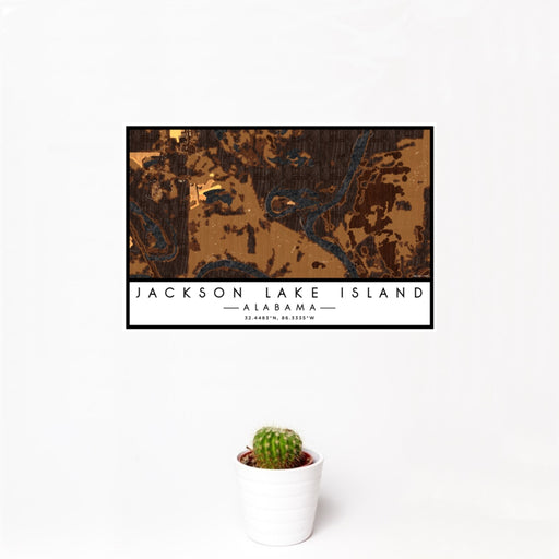 12x18 Jackson Lake Island Alabama Map Print Landscape Orientation in Ember Style With Small Cactus Plant in White Planter