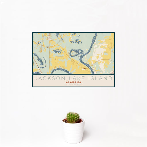 12x18 Jackson Lake Island Alabama Map Print Landscape Orientation in Woodblock Style With Small Cactus Plant in White Planter