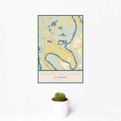 12x18 Jackson Lake Island Alabama Map Print Portrait Orientation in Woodblock Style With Small Cactus Plant in White Planter