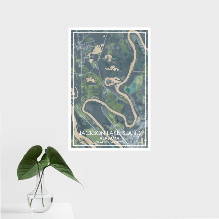16x24 Jackson Lake Island Alabama Map Print Portrait Orientation in Afternoon Style With Tropical Plant Leaves in Water