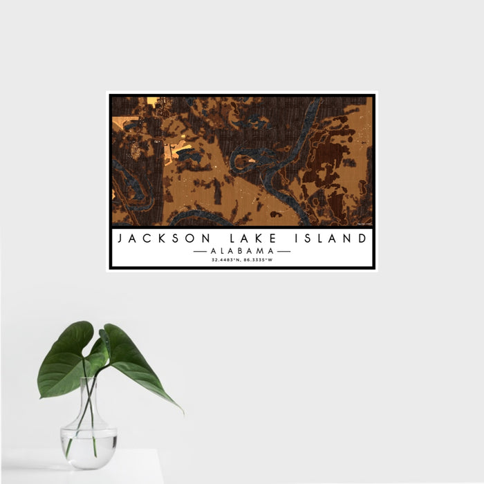 16x24 Jackson Lake Island Alabama Map Print Landscape Orientation in Ember Style With Tropical Plant Leaves in Water