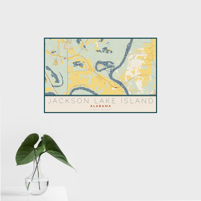 16x24 Jackson Lake Island Alabama Map Print Landscape Orientation in Woodblock Style With Tropical Plant Leaves in Water