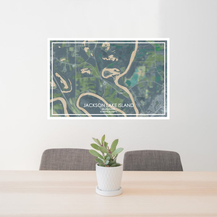 24x36 Jackson Lake Island Alabama Map Print Lanscape Orientation in Afternoon Style Behind 2 Chairs Table and Potted Plant