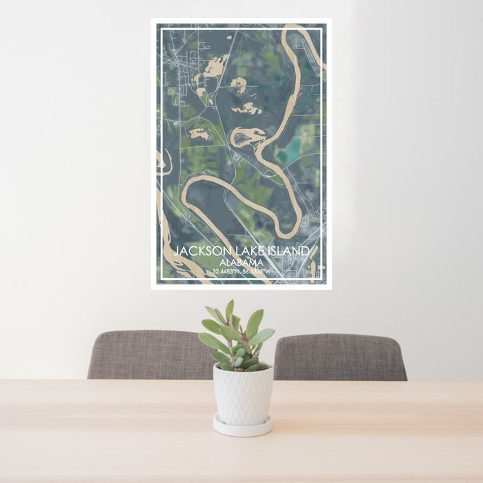 24x36 Jackson Lake Island Alabama Map Print Portrait Orientation in Afternoon Style Behind 2 Chairs Table and Potted Plant