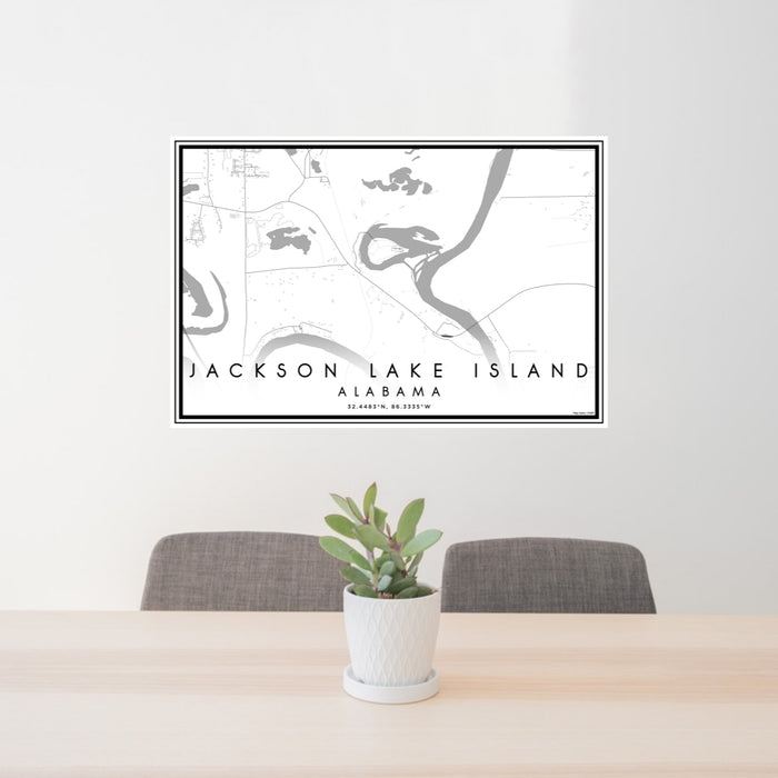 24x36 Jackson Lake Island Alabama Map Print Lanscape Orientation in Classic Style Behind 2 Chairs Table and Potted Plant