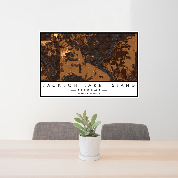 24x36 Jackson Lake Island Alabama Map Print Lanscape Orientation in Ember Style Behind 2 Chairs Table and Potted Plant