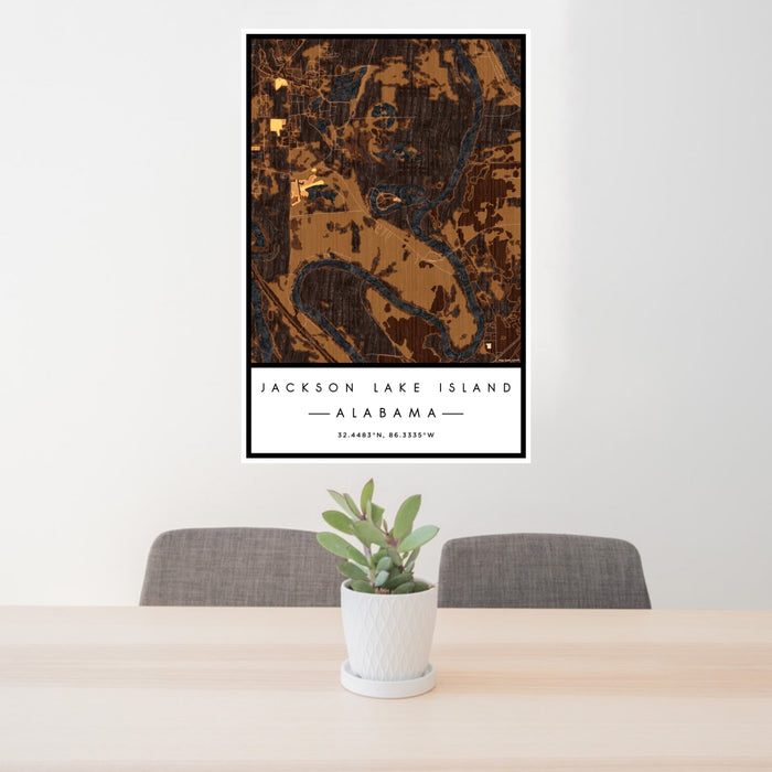 24x36 Jackson Lake Island Alabama Map Print Portrait Orientation in Ember Style Behind 2 Chairs Table and Potted Plant