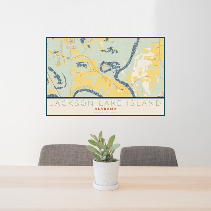 24x36 Jackson Lake Island Alabama Map Print Lanscape Orientation in Woodblock Style Behind 2 Chairs Table and Potted Plant