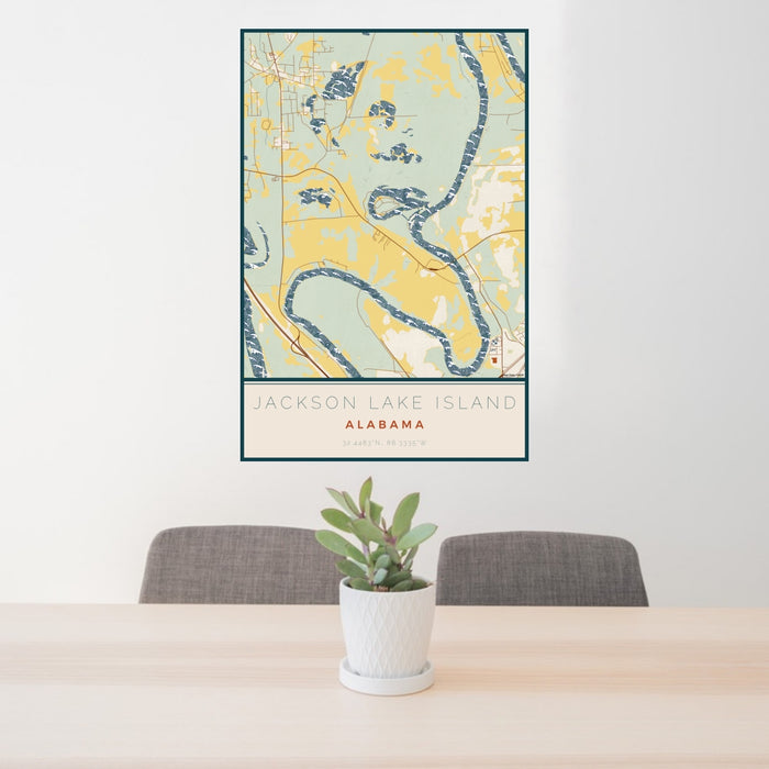 24x36 Jackson Lake Island Alabama Map Print Portrait Orientation in Woodblock Style Behind 2 Chairs Table and Potted Plant