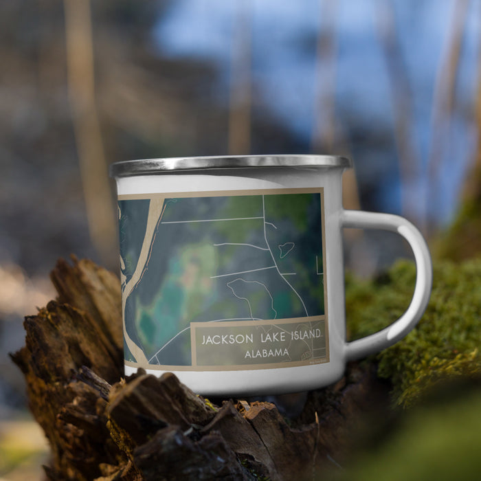 Right View Custom Jackson Lake Island Alabama Map Enamel Mug in Afternoon on Grass With Trees in Background