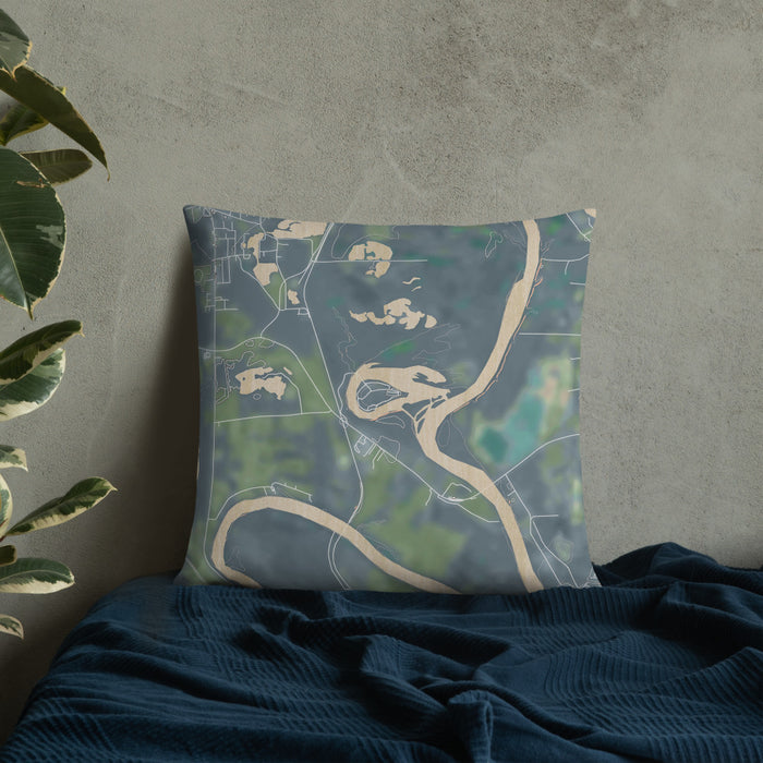 Custom Jackson Lake Island Alabama Map Throw Pillow in Afternoon on Bedding Against Wall