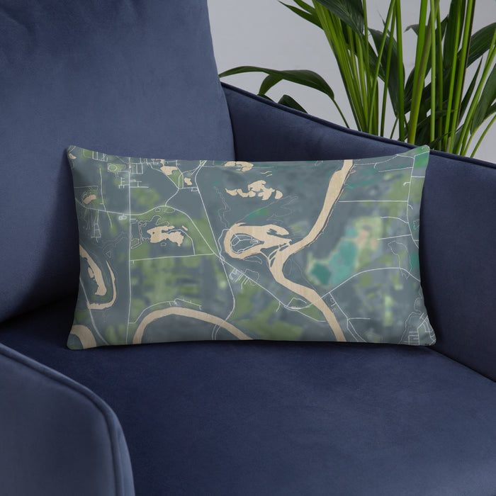 Custom Jackson Lake Island Alabama Map Throw Pillow in Afternoon on Blue Colored Chair