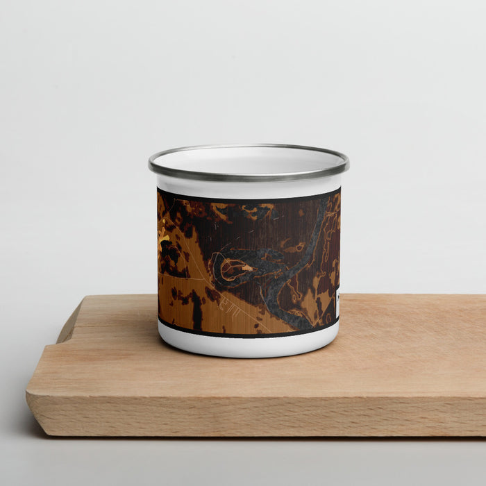 Front View Custom Jackson Lake Island Alabama Map Enamel Mug in Ember on Cutting Board