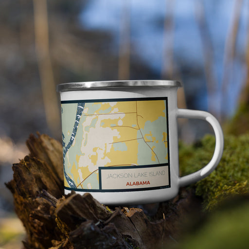 Right View Custom Jackson Lake Island Alabama Map Enamel Mug in Woodblock on Grass With Trees in Background