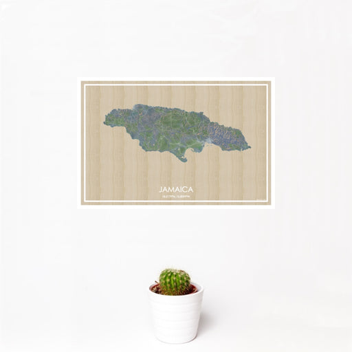 12x18 Jamaica  Map Print Landscape Orientation in Afternoon Style With Small Cactus Plant in White Planter