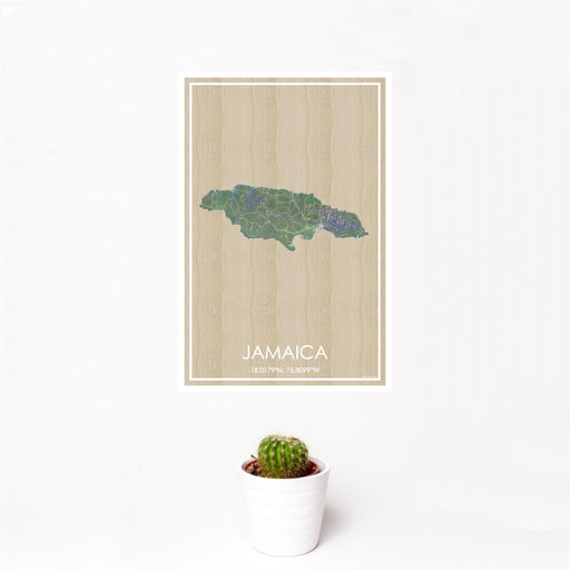 12x18 Jamaica  Map Print Portrait Orientation in Afternoon Style With Small Cactus Plant in White Planter