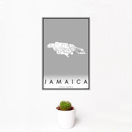 12x18 Jamaica  Map Print Portrait Orientation in Classic Style With Small Cactus Plant in White Planter