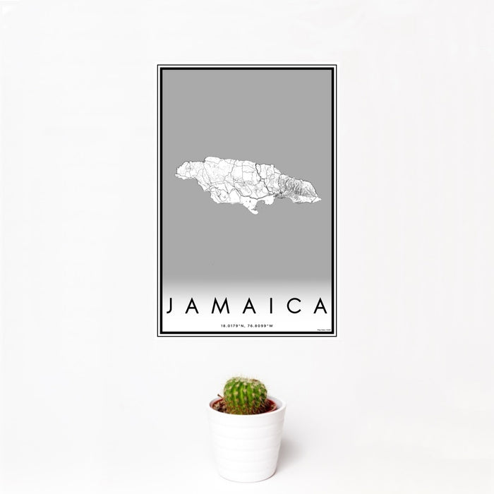 12x18 Jamaica  Map Print Portrait Orientation in Classic Style With Small Cactus Plant in White Planter