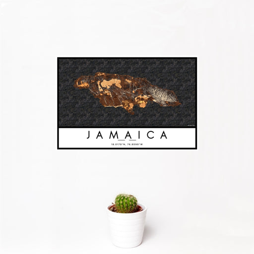 12x18 Jamaica  Map Print Landscape Orientation in Ember Style With Small Cactus Plant in White Planter