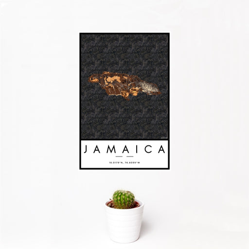 12x18 Jamaica  Map Print Portrait Orientation in Ember Style With Small Cactus Plant in White Planter