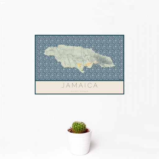 12x18 Jamaica  Map Print Landscape Orientation in Woodblock Style With Small Cactus Plant in White Planter