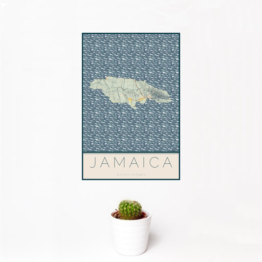 12x18 Jamaica  Map Print Portrait Orientation in Woodblock Style With Small Cactus Plant in White Planter
