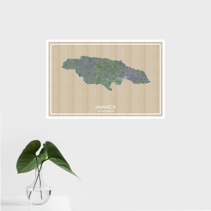 16x24 Jamaica  Map Print Landscape Orientation in Afternoon Style With Tropical Plant Leaves in Water