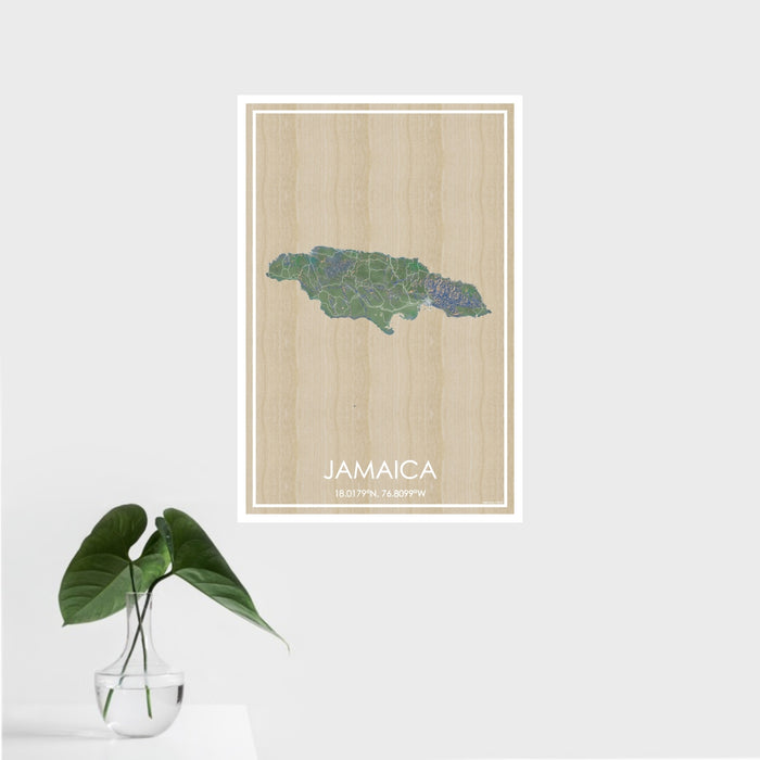 16x24 Jamaica  Map Print Portrait Orientation in Afternoon Style With Tropical Plant Leaves in Water