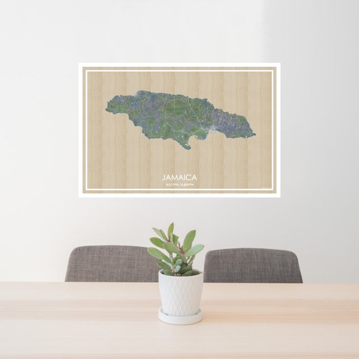 24x36 Jamaica  Map Print Lanscape Orientation in Afternoon Style Behind 2 Chairs Table and Potted Plant