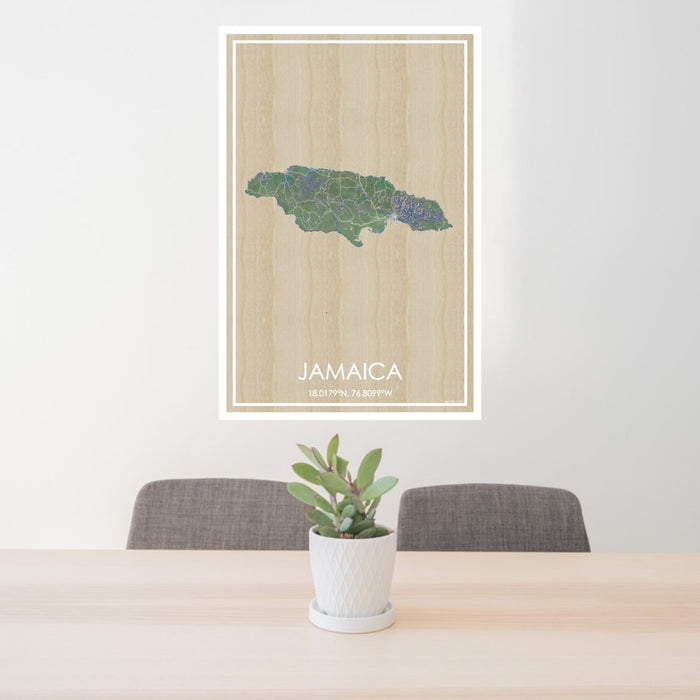 24x36 Jamaica  Map Print Portrait Orientation in Afternoon Style Behind 2 Chairs Table and Potted Plant