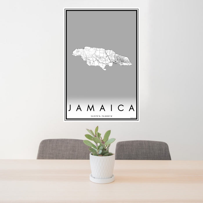 24x36 Jamaica  Map Print Portrait Orientation in Classic Style Behind 2 Chairs Table and Potted Plant
