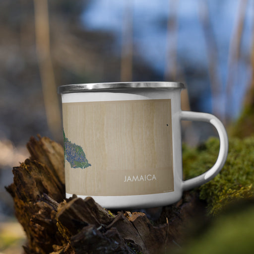 Right View Custom Jamaica  Map Enamel Mug in Afternoon on Grass With Trees in Background