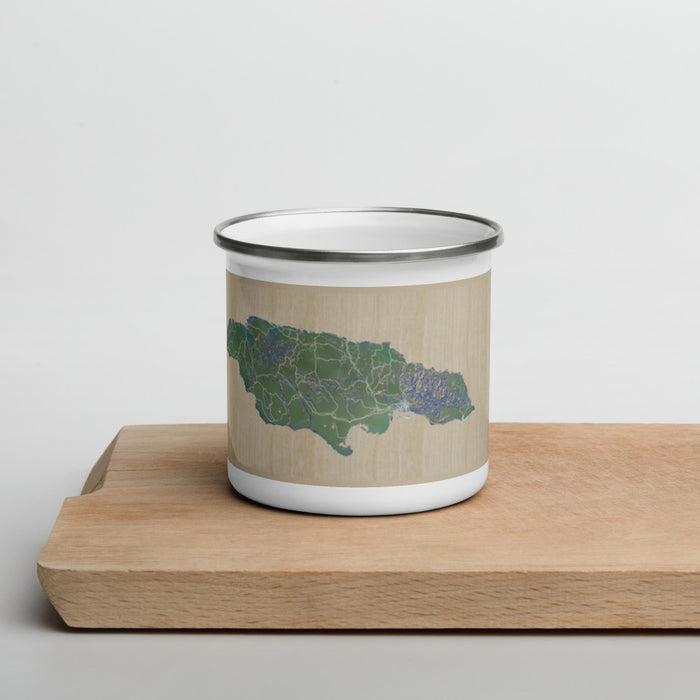 Front View Custom Jamaica  Map Enamel Mug in Afternoon on Cutting Board