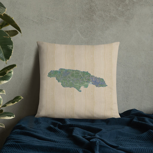 Custom Jamaica  Map Throw Pillow in Afternoon on Bedding Against Wall