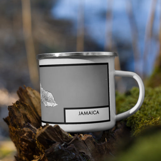Right View Custom Jamaica  Map Enamel Mug in Classic on Grass With Trees in Background