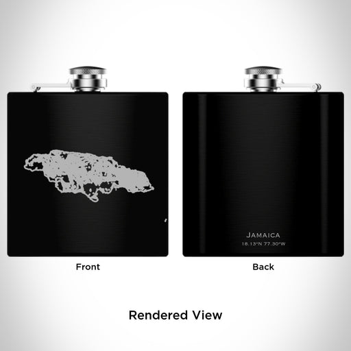 Rendered View of Jamaica  Map Engraving on 6oz Stainless Steel Flask in Black