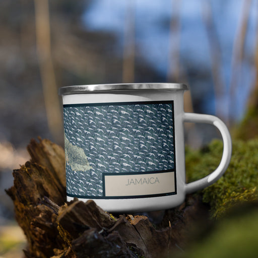 Right View Custom Jamaica  Map Enamel Mug in Woodblock on Grass With Trees in Background