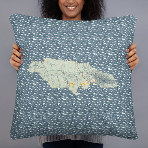 Person holding 22x22 Custom Jamaica  Map Throw Pillow in Woodblock