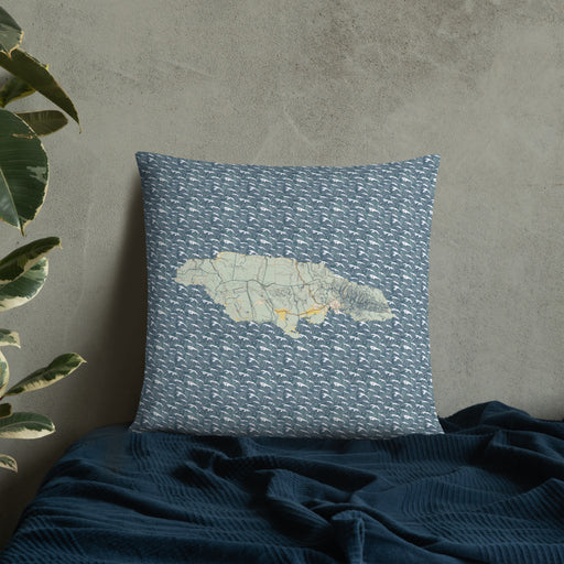 Custom Jamaica  Map Throw Pillow in Woodblock on Bedding Against Wall