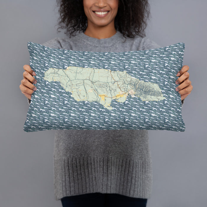 Person holding 20x12 Custom Jamaica  Map Throw Pillow in Woodblock