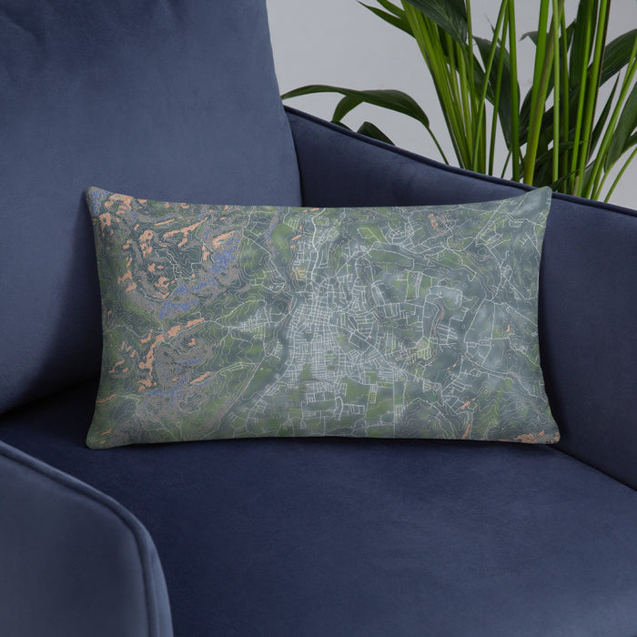 Custom Jarabacoa Dominican Republic Map Throw Pillow in Afternoon on Blue Colored Chair