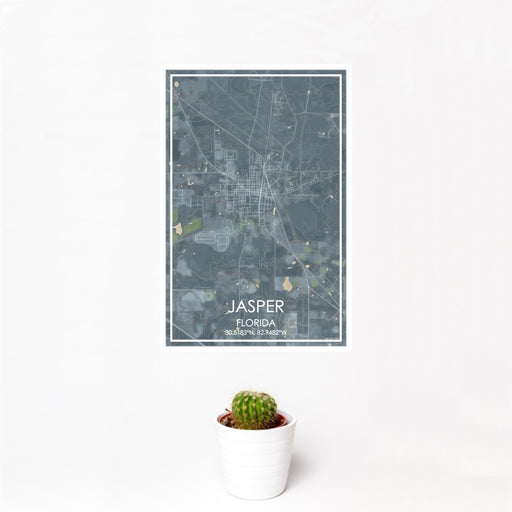 12x18 Jasper Florida Map Print Portrait Orientation in Afternoon Style With Small Cactus Plant in White Planter